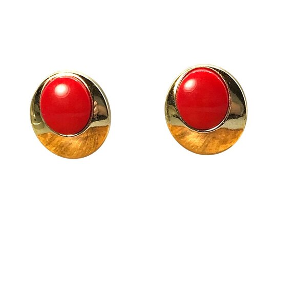 Oh So 80s Retro Mod Earrings, Red and Gold Circle Studs, Abstract Bright Plastic - Picture 3 of 4